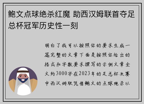 鲍文点球绝杀红魔 助西汉姆联首夺足总杯冠军历史性一刻